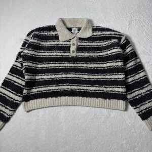 MAEVE ANTHROPOLOGIE Size XL Sweater Striped Polo Chunky Flower Rhinestone Button